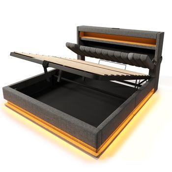 Cama Tapizada 160x200 Cm - Cama Doble - Cabecero Con Puertos Usb Y Tipo-c - Iluminación Led - Con Almacenamiento - Gris - Sin Colchón