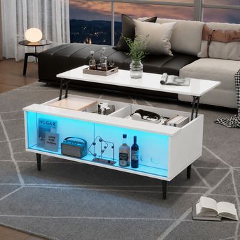 Mesa De Centro Blanca Elevable Hasta 58 Cm Con Almacenamiento Y Luces Led