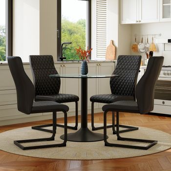Set De Mesa Y 4 Sillas - Mueble De Comedor - Cristal, Metal Y Pu - Negro (85x85x76cm)