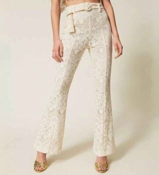 Twinset para mujer. 261TT2314 Pantalón evasé de encaje con cinturón beige (42), Casual, Algodón