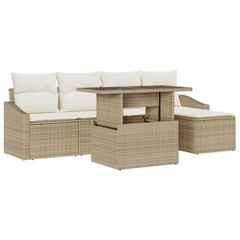 Juego De Sofá De Jardín De 6 Piezas Con Cojines Beige De Ratán Poli V1010 Unico / Beige