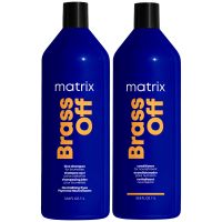 matrix brass off colour correcting blue anti-brass shampoo and conditioner duo set for lightened brunettes 1000ml