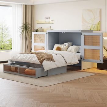 Cama Tapizada 180*200 Cm Iluminación Led + Toma Usb Cabecero Con Estantes + Sistema De Almacenamiento Hidráulico Tejido De Lino Beige