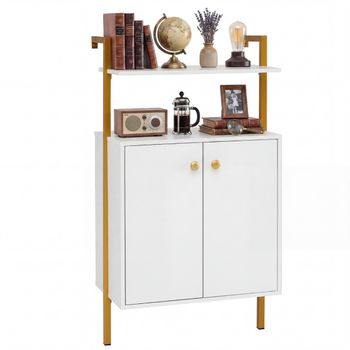 Costway Estantería de Pared de 4 Niveles con Puertas Metal Dorado Paneles Blancos y Tiradores Dorados para Salón Dormitorio u Oficina
