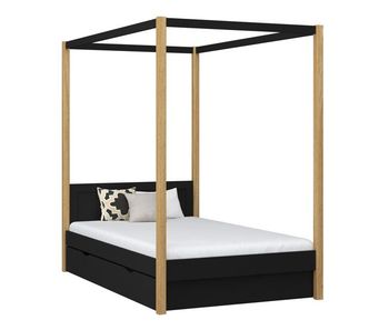 Cama individual de madera con dosel y cajón n02 negro / roble