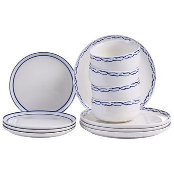 Vajilla De 12 Piezas De Porcelana Acabado Esmaltado Con Borde Decorativo Para 4 Personas Hecho A Mano Comedor Cocina Blanco Y Azul Amchur