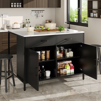 Mesa De Bar Negra, Tablero De Mármol, Patas Ajustables, Negra