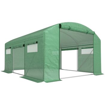 Outsunny Invernadero de Túnel 4x3x2 m con 6 Ventanas 3 Puertas Enrollables Cubierta de PE y Estructura de Acero Galvanizado Verde
