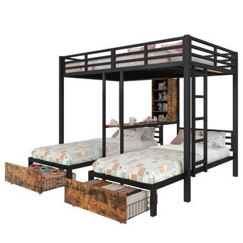 Litera 3 Camas Con Cajones Y Estantes De Almacenamiento, Litera Negra 140x200 Y 90x200 En Metal Y Mdf Resistente