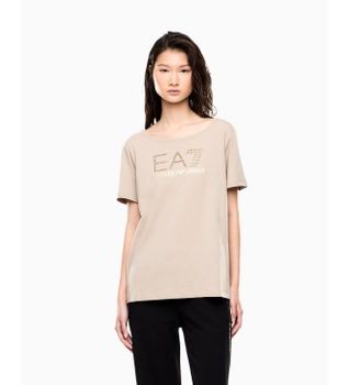EA7 para mujer. 7W001098_AF14880 Camiseta de punto de algodón elástico Logo beige (XXL), Marrón, Casual, Gris, Manga corta
