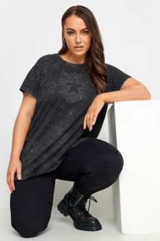 Yours Camiseta Algodón Gris Efecto Lavado Estrella De Tachas, Mujer Curvy Y Tallas Grandes, Yours