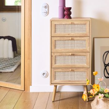 Cómoda de 4 cajones, con efecto madera  y caña, natural