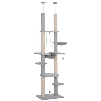 PawHut Árbol para Gatos de Suelo a Techo 225-255 cm con Hamacas Plataformas Juguete de Cuerda Bola de Juguete Gris