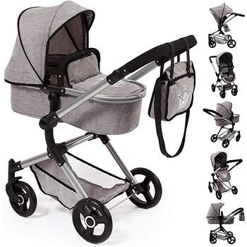 Cochecito De Muñecas Neo Vario Con Bolso Cambiador, Convertible, Plegable, Color Gris Con Dibujo Corona