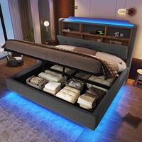 cama doble 140x200 cm gris en lino con led almacenamiento hidraulico puertos usbtype-c diseno colgante sin colchon