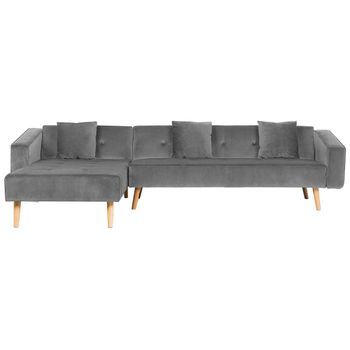 Sofá Cama Esquinero Con 3 Almohadas Tapizado En Terciopelo Gris Patas De Madera Clara Reclinable 4 Plazas Versión Derecha Vadso