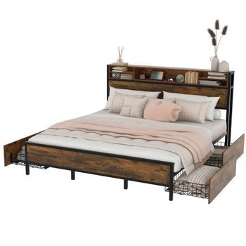 Cama 180x200 Cm Con Cabecero Y 4 Cajones - Leds Y Puerto Usb - Mdf Y Metal - Marrón
