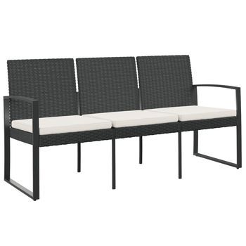 Banco De Jardín De 3 Plazas | Banco De Exterior | Silla De Jardín Con Cojines Pp Aspecto Ratán Negro