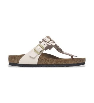 Birkenstock para mujer. 1029304 Sandalias de Piel Gizeh Flower Embellishment (Ajuste Estrecho) rosa claro (39), Plano, Hebilla, Casual