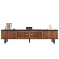 mueble de tv moderno 190 cm con puertas correderas y de rejilla mdf y patas de hierro color nogal