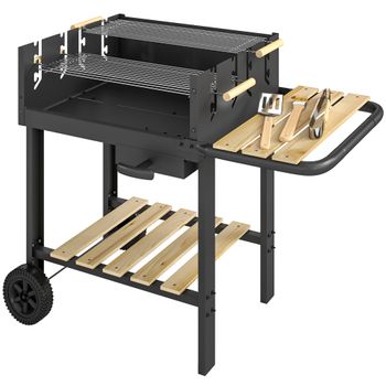 Outsunny Carro de barbacoa de madera con 2 parrillas regulables, barbacoa de carbón con ruedas, estante lateral, negro   Aosom España