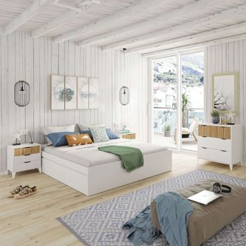 Set Muebles Dormitorio Con Cama Matrimonio 2 Mesitas Y Cómoda - Roble Y Blanco