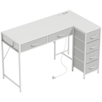 HOMCOM Escritorio Esquinero Reversible con 6 Cajones 126x48 cm con Toma de Corriente Puerto de Carga USB y USB-C Blanco   Aosom España