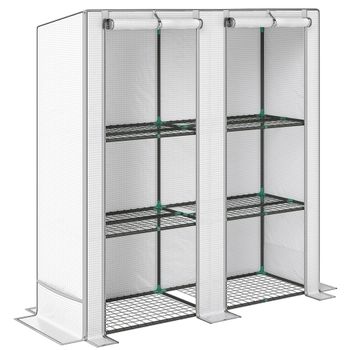 Outsunny Invernadero de Exterior con Techo Inclinado 3 Estantes 2 Puertas Enrollables y Marco de Acero 144x48x152 cm Blanco