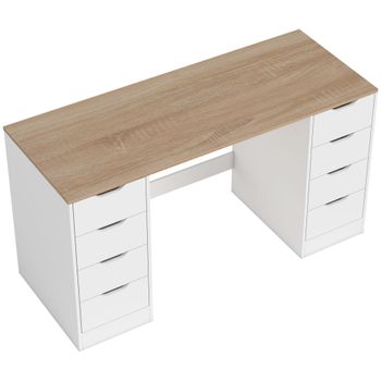 HOMCOM Escritorio 140 cm con 8 cajones – Ideal para home office y dormitorio, estructura de acero, blanco