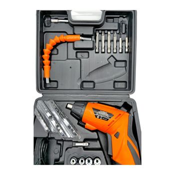 AC Tools Mini Atornillador compacto de batería 3.6V 47 piezas articulado, puede usarse en modo pistola o rotar y usarse en posición vertical recta. Modelo naranja. Incluye cable de carga.