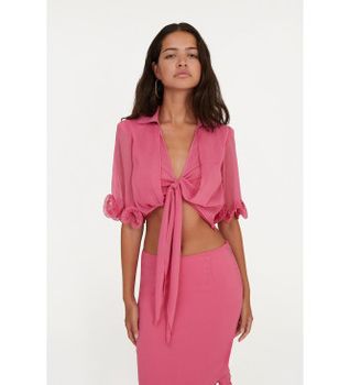 Rotate para mujer. 113744504 Blusa de gasa con lazo rosa (34), Casual, Fiesta, Manga 3/4, Poliéster Reciclado, Sostenible