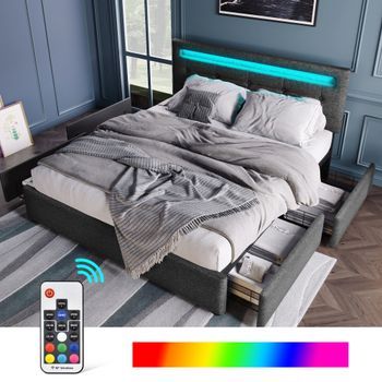 Cama Doble Acolchada 140 X 200 Cm Con Cabecero Ajustable Y 4 Cajones - Led - Lino Gris