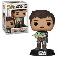 funko pop star wars the mandalorian mando sujetando baby yoda nino