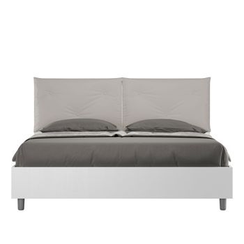 Cama Con Almacenaje 160x200 Fresno Blanco Cojines Cuero Sintético Gris Paloma Egos Appia