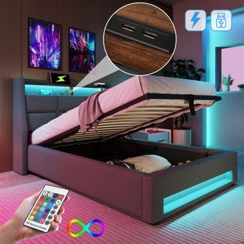 Cama Contenedor 90 X 200 Cm Con Cabecero Contenedor - Toma Usb Y Led - Tela De Lino - Gris