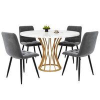 conjunto mesa de cocina juego de comedor 5 piezas mesa redonda 80 cm con tablero de marmol blanco sillas de terciopelo gris y patas de metal dorado