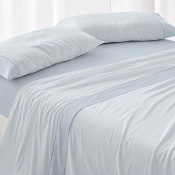 Juego De Sábanas 50% Algodón 50% Poliéster Diseño Rayitas Color Azul Claro 180 X 190/200 Cm - Azul Claro - Burrito Blanco