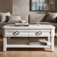 mesa de centro con 2 cajones y estante de madera blanca 90x60x47