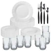 pack completo de vajilla blanca de 24pzs  8 vasos de cristal 430ml  cuberteria de 32 pzs color negro san ignacio