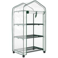 outsunny mini invernadero de jardin con 3 estantes lona de pvc de alta densidad puerta enrollable 4 ruedas 69 x 49 x 130 cm transparente   aosom espana