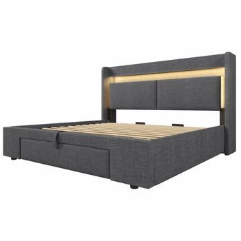 Cama Doble 180x200 Cm-led, Usb + Tipo-c, Lino, Gris.