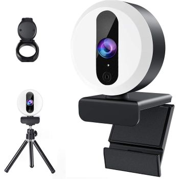 Webcam para pc, Resolucion Maxima 2560x1440 Pixel 2.5K, tambien 2K, 1080P FHD Webcam con micrófono trípode y cubierta de privacidad, cámara web para PC con control táctil anillo de luz, cámara de