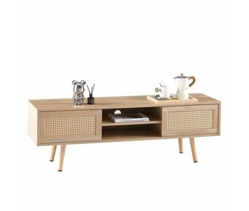 Mueble tv 140 cm - con puertas correderas dobles, estantes ajustables y patas de madera maciza - color natural wood
