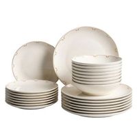vajilla de 24 piezas de porcelana acabado esmaltado transparente con ribete decorativo blanco y dorado charoli
