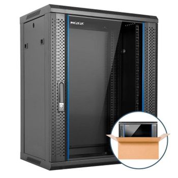 Rack mural Phasak Pro 15U 600x450 premontado con puerta de vidrio templado