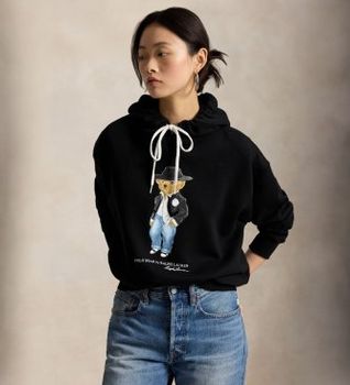 Polo Ralph Lauren para mujer. 211B23862001 Sudadera de felpa con Polo Bear festivo negro (S), Casual, Algodón