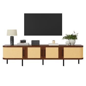 Mueble De Tv 180 Cm, Mesa De Tv Color Nogal Con 4 Puertas Y Frontal Trenzado, Estructura Mdf