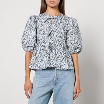 Ganni Printed Cotton-Poplin Peplum Blouse - EU 44/UK 16