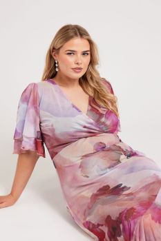 Yours London Vestido Midi Rosa Estampado Abstracto De Flores, Mujer Curvy Y Tallas Grandes, Yours London