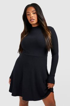 Vestido Plus Skater De Canalé Suave Con Cuello Alto, Negro